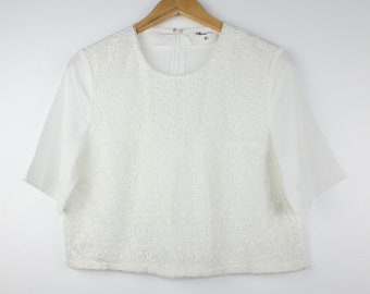 Pretty White Lace Cropped Blouse, Upcycled Vintage, Embroidered, Crop Top, 90's, Boxy Shirt, Women, Short Sleeve, Formal