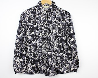 Black White Vintage Button Up Blouse, Retro Long Sleeve Shirt S/M