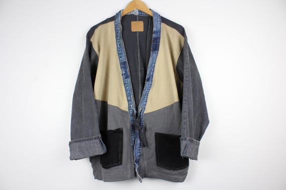 Upcycled Patchwork Denim Jacket, Kimono Style Tie… - image 1
