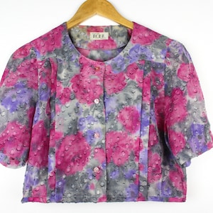 Crew Neck Vintage Button Up Blouse Reworked Crop Top, Floral Pattern