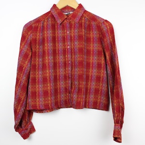 Red Cropped Vintage Long Sleeve Button Up Shirt Blouse Reworked