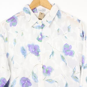 Purple Blue Floral Long Sleeve Vintage Button Up Shirt Blouse, Retro Funky Uni 90s