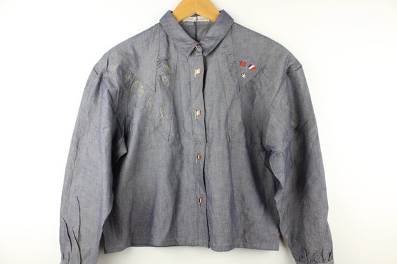 Grey Cropped Vintage Long Sleeve Button Up Blouse… - image 2