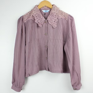 Vintage Lavendel Bestickte Cropped Langarm Button Up Shirt Bluse