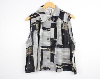 Charcoal Black Vintage Cropped Button Up Blouse: Reworked Sleeveless Shirt Boxy Style