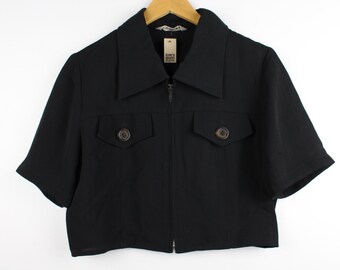 Blusa estilo camisa recortada vintage de manga corta con cremallera y reelaboración