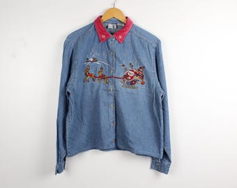 Koszula jeansowa z haftem świątecznym w stylu vintage z lat 90., zapinana na guziki, Momcore, zimowa, dżinsowa bluzka