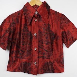 Burgund abgeschnitten Vintage Kurzarm Button Up Shirt Bluse überarbeitet