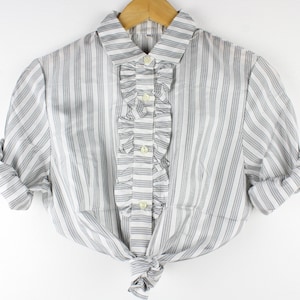 Satin Stripes Vintage Button Up Blouse Shirt, Ruffled