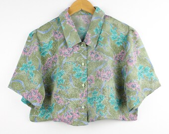 Blouse chemise boutonnée extra courte à manches courtes vintage retravaillée florale