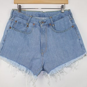 Upcycled Vintage 90s Jean Shorts – High-Waisted Denim Cutoffs, Raw Frayed Edge, 31” Waist