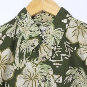 Olive Green Floral Retro Vintage Short Sleeve Half Button Up Shirt Polo