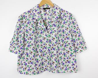 Whimsy Floral Cropped Vintage Short Sleeve Button Up Shirt Blouse Reworked