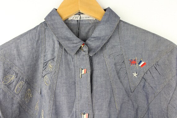Grey Cropped Vintage Long Sleeve Button Up Blouse… - image 3