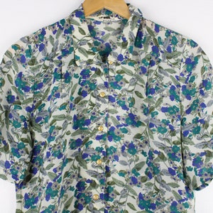 Blue Green Floral Vintage Short Sleeve Button Up Shirt Blouse