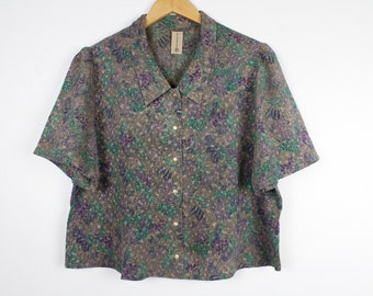 Purple and Teal Leaves Cropped Short Sleeve Button Up Shirt Blouse Reworked
