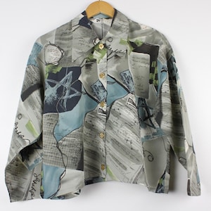 Text Pattern Cropped Vintage Long Sleeve Button Up Shirt Blouse Reworked