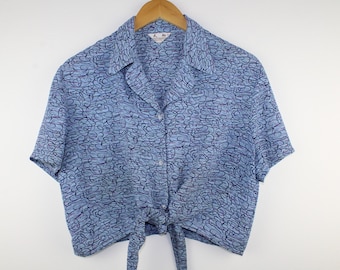 Abstrakte Blaue Vintage Bluse, Krawatte vorne, Cropped, 90er Jahre, Boxy Shirt, Frauen, Alle Geschlechter