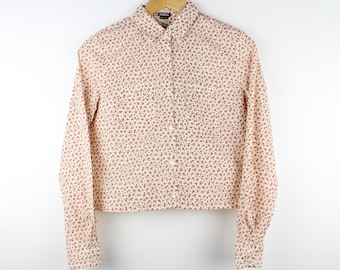 90s Floral Print Vintage Long Sleeve Cropped Button Up Blouse, Reworked Crop Top