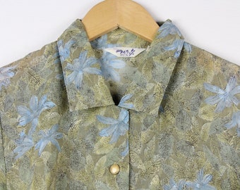 Leaf Print Vintage Short Sleeve Button Up Shirt Blouse All Gender