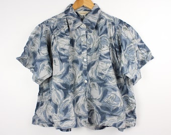 Light Blue Cropped Vintage Short Sleeve Button Up Shirt Blouse Reworked