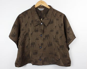 Animal Pattern Cropped Vintage Short Sleeve Button Up Shirt Blouse Reworked
