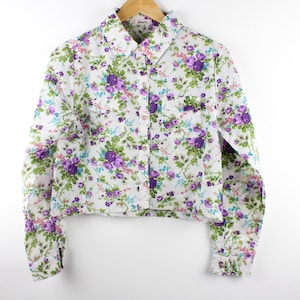90s Floral Cropped Vintage Long Sleeve Button Up Shirt Blouse Reworked