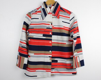 Blusa vintage multicolor de manga larga a rayas, camisa estampada con botones, talla XS