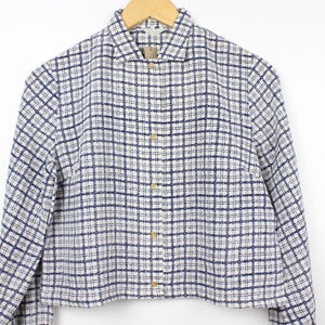 Grid Pattern Cropped Vintage Long Sleeve Button Up Shirt Blouse Reworked