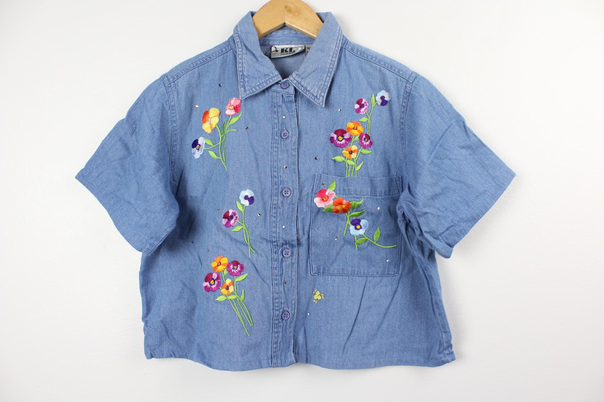 Embroidered Flowers Blue Denim Cropped Vintage Short Sleeve