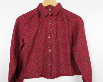 Maroon Red Cropped Long Sleeve Button Up Blouse Reworked