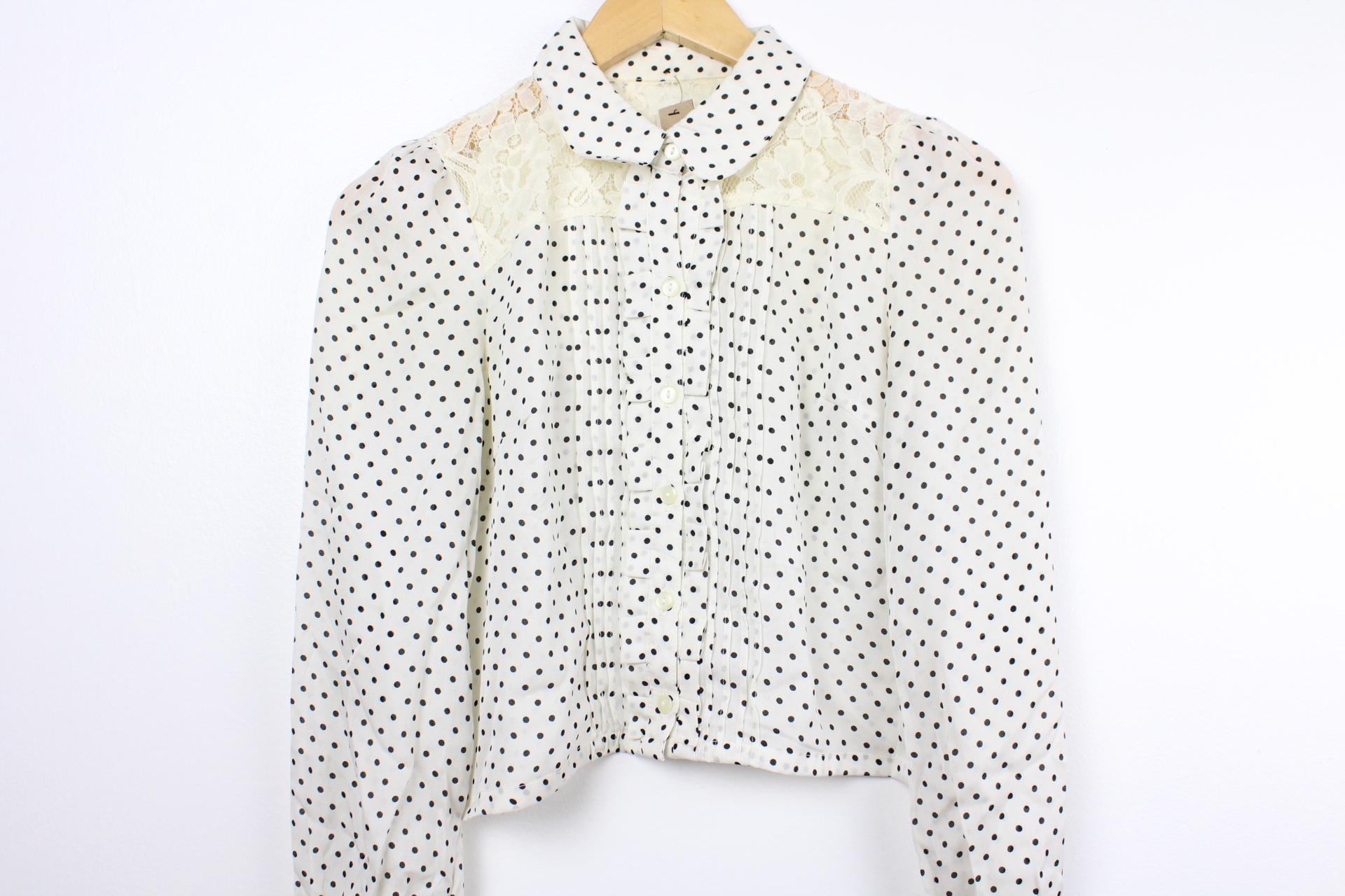 White Polka Dot Cropped Vintage Long Sleeve Button up Shirt Blouse 