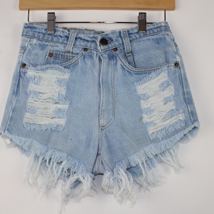 Upcycled Vintage Levi’s Jean Shorts – Light Wash, High-Waisted Cutoffs, Frayed Hem, Distressed 25” Waist