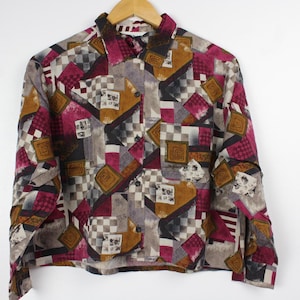 Geometrisches Abstraktes Muster abgeschnittene Weinlese-Langarm-Knopf-Hemd-Bluse