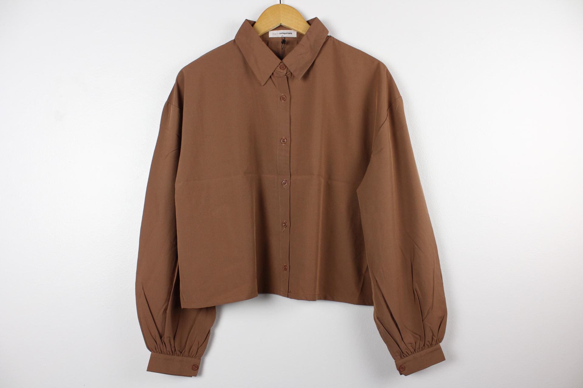 トップス vintage nylon dark brown shirt blouse 90's Vintage Dark Brown Ladies Silk Shirt | Long Sleeve