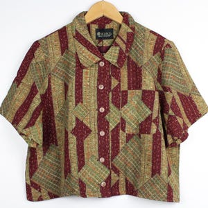 Cropped blouse met korte mouwen en patchworkprint: herwerkte vintage crop top
