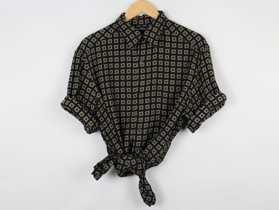 Square Pattern Button Up Shirt Large, Black Gold,