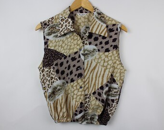 Animal Print Sleeveless Blouse, 90s Vintage Button Down, Upcycled Sleeveless, Women, Button Up, Small