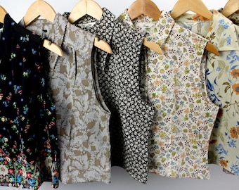 Mystery Pattern Cropped Vintage Button Up Blouse Reworked, Sleeveless Crop Top