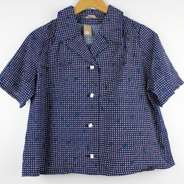 Navy Blue Reworked Vintage Cropped Short Sleeve Button Up Shirt Blouse