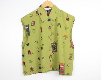 90s Vintage Cropped Button Up Blouse: Reworked Sleeveless Shirt Boxy Style