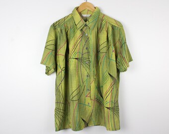 Light Green Abstract Vintage Short Sleeve Button Up Shirt Blouse