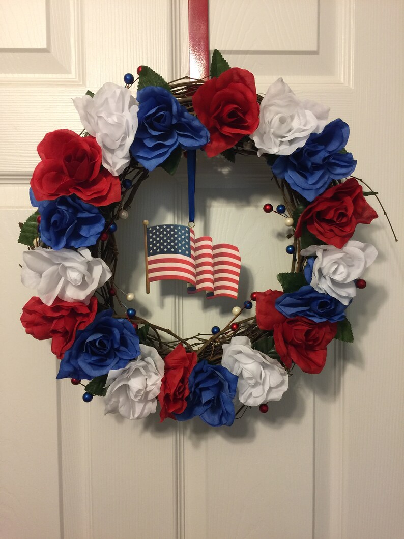 Patriotic Red White And Blue Rose Grapevine Wreath Etsy