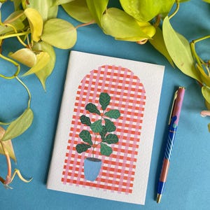A6 Pocket Notebook ~ Botanical Stationary ~ Fiddle Leaf Fig Plant & Gingham Design ~ Notepad ~ Lined ~ Travel Journel