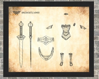 Wonder Woman Armor Schematic Poster Art - INSTANT Digital Download - Printable - 3 Background Styles - 8x10 - 11x14 - 16x20