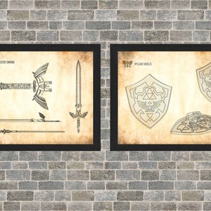 Zelda Schematic Poster Art INSTANT Digital Download Hylian Shield and Master Sword 3 Background Styles 8x10 11x14 16x20 image 3