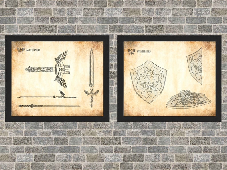 Zelda Schematic Poster Art INSTANT Digital Download Hylian Shield and Master Sword 3 Background Styles 8x10 11x14 16x20 image 3