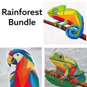 May include: The image showcases a "Rainforest Bundle" with colorful, geometric designs of a chameleon, parrot, and frog. The chameleon is perched on a branch, while the parrot and frog are also featured. The designs are made of fabric.