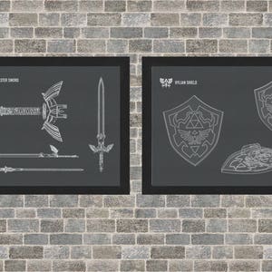 Zelda Schematic Poster Art INSTANT Digital Download Hylian Shield and Master Sword 3 Background Styles 8x10 11x14 16x20 image 2