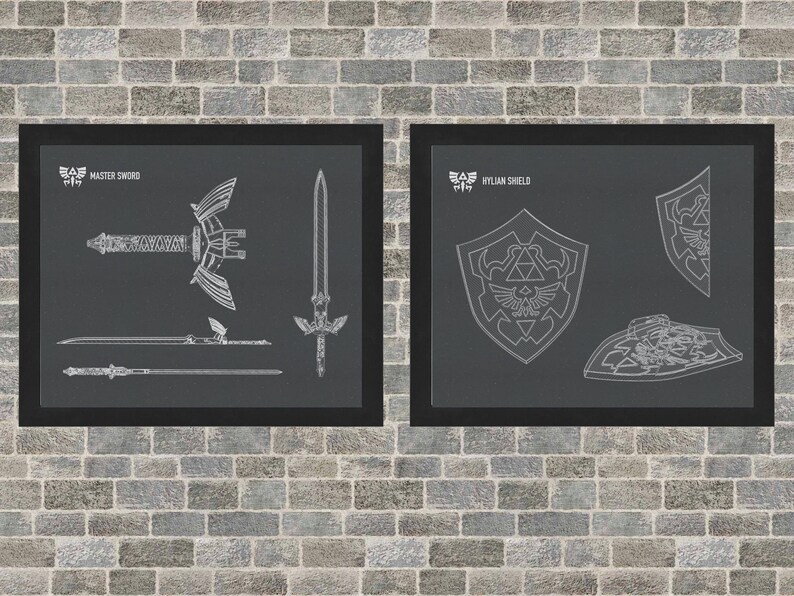 Zelda Schematic Poster Art INSTANT Digital Download Hylian Shield and Master Sword 3 Background Styles 8x10 11x14 16x20 image 2